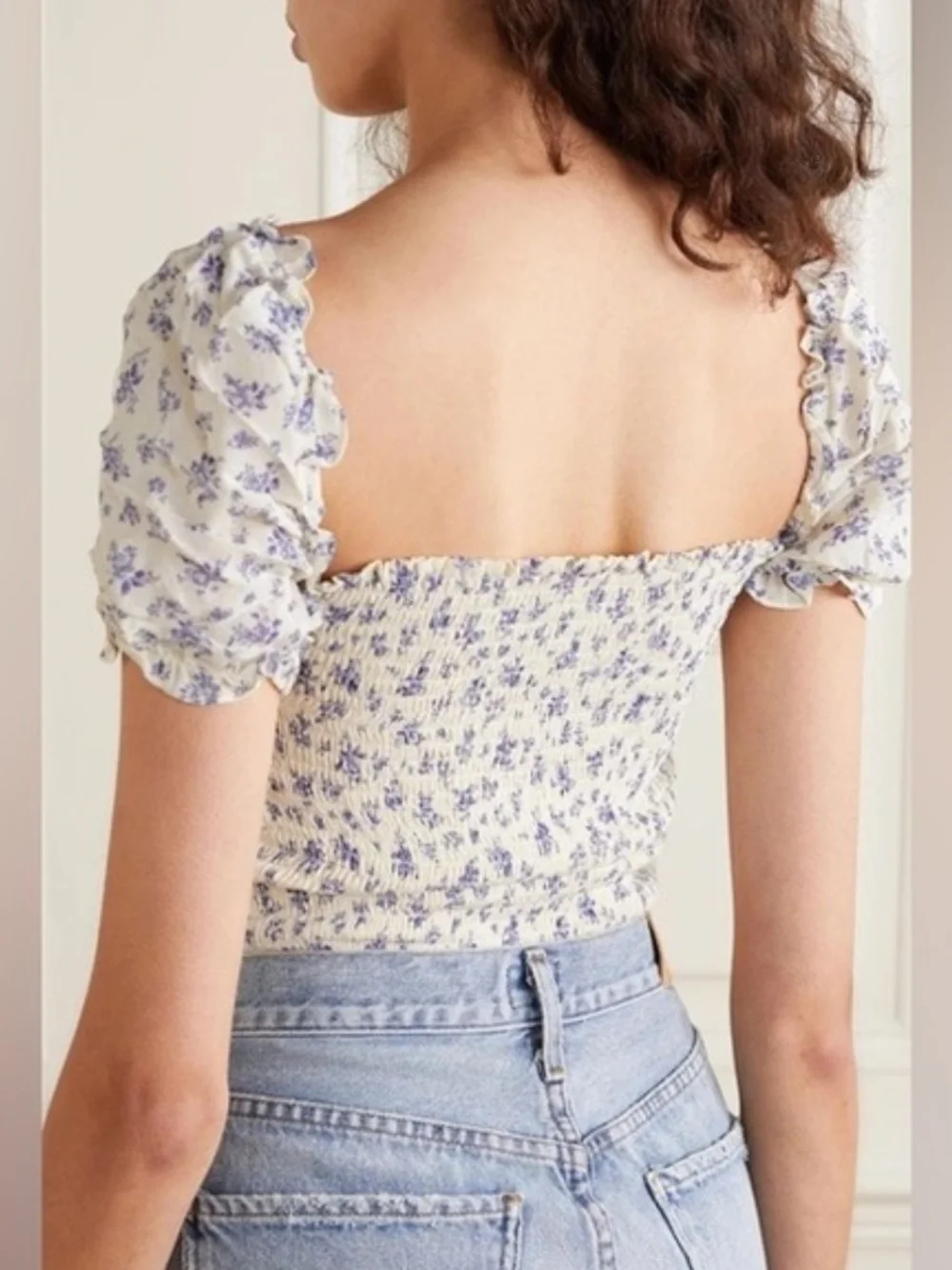 Reformation Jess Top Gracie Floral Smocked Puff Sleeve Crop S